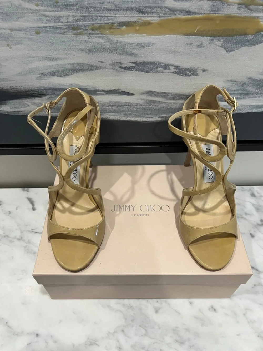 Jimmy Choo Beige Patent Leather Strappy High-Heel Sandals - Picture 1 of 10